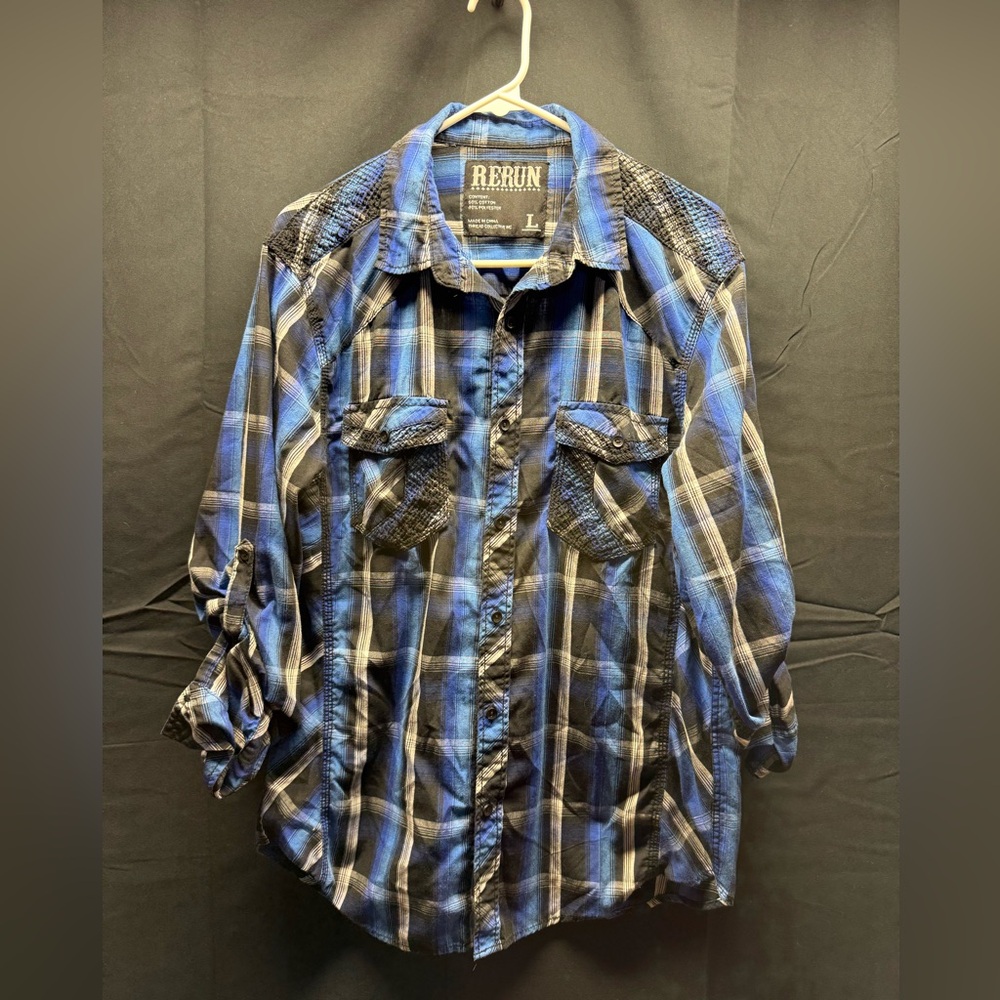 RERUN Blue and Black Plaid Button-Up Shirt Sz Lg (13af)